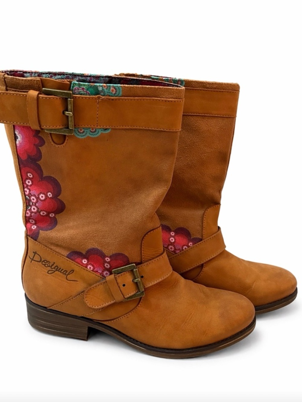 Desigual Tan Leather Mid-Calf Boots with Pink Floral Accent